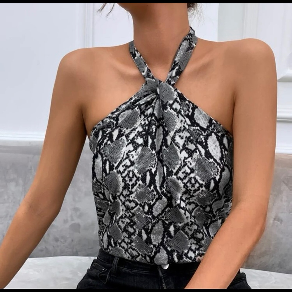 Snake Print Halter Tank Top - Black & Gray